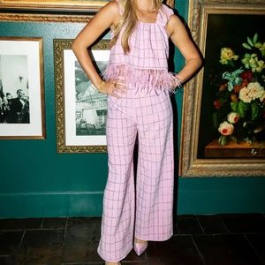 QUEEN OF SPARKLES Pink Windowpane Wide-Leg Jumpsuit with Feather Trim